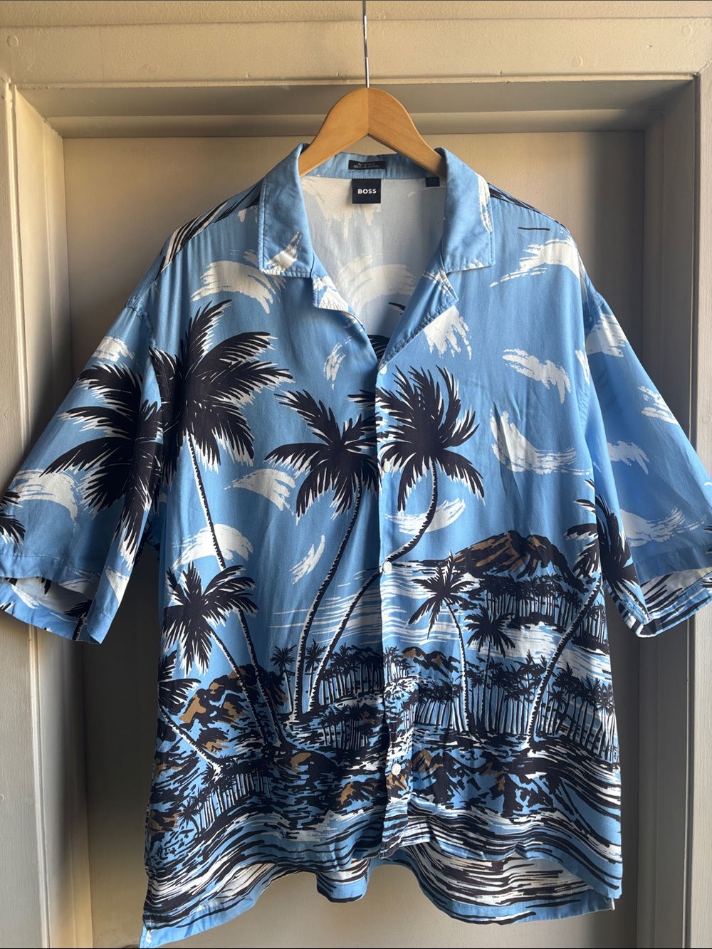 Boss Blue Tropical Palm Print Camp Shirt